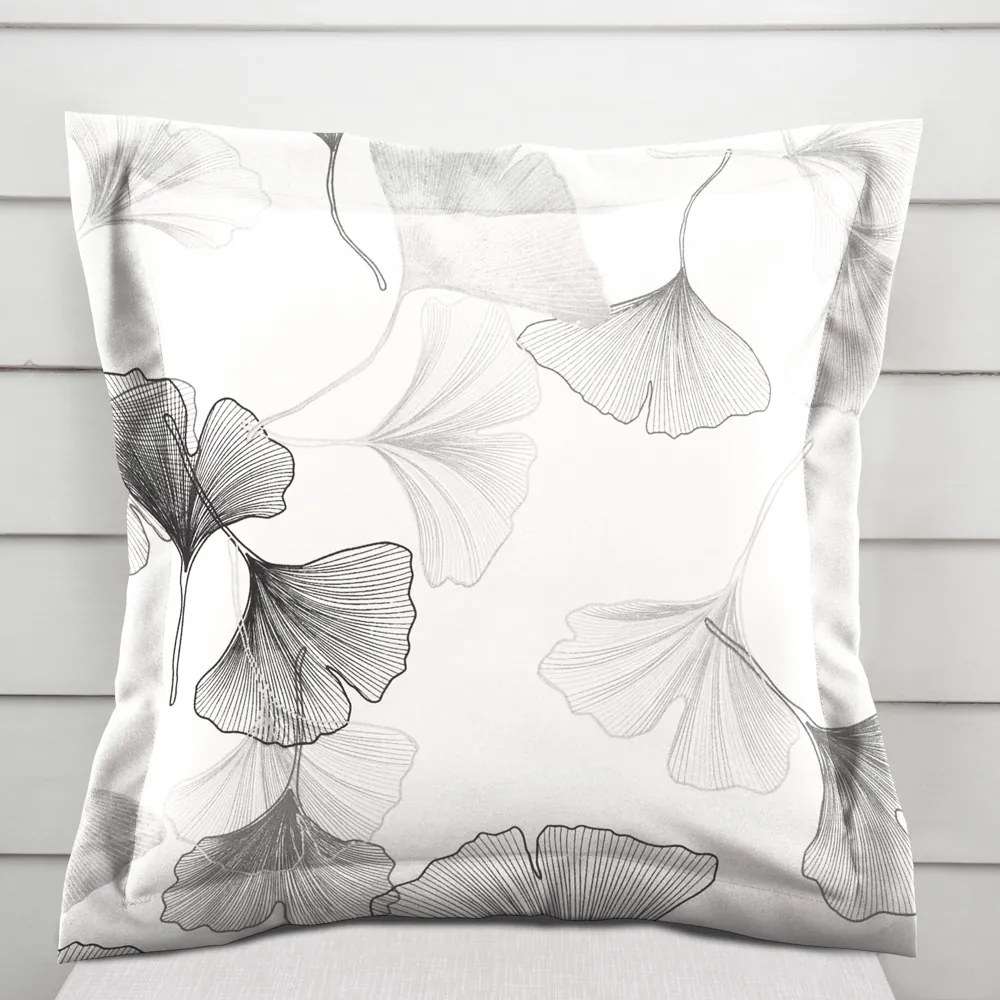 Biante Bavlnená obliečka na vankúš s lemom Sandra SA-512 Sivo-biele ginkgo listy na bielom 50 x 50 cm