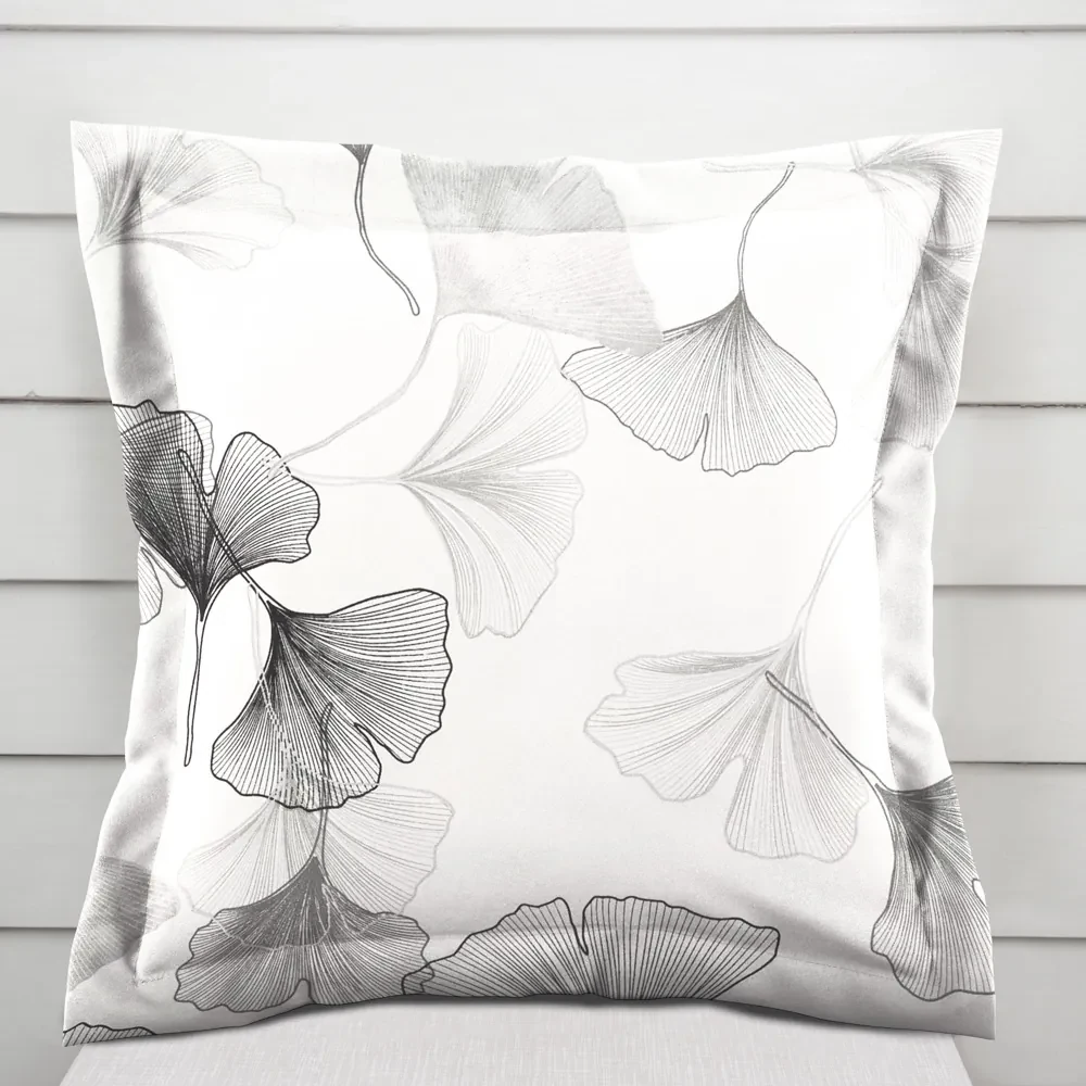 Biante Bavlnená obliečka na vankúš s lemom Sandra SA-512 Sivo-biele ginkgo listy na bielom 50 x 60 cm