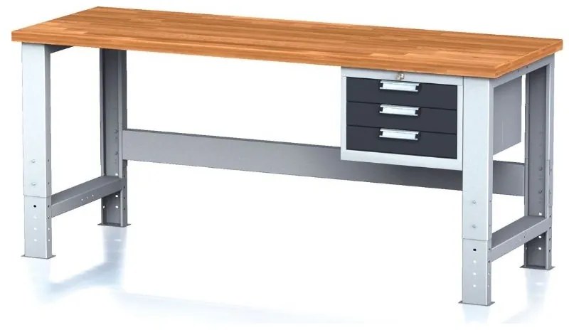 Alfa 3 Nastaviteľný dielenský stôl MECHANIC I, závesný box na náradie, 3 zásuvky, 2000x685x700-1055 mm, antracitové dver