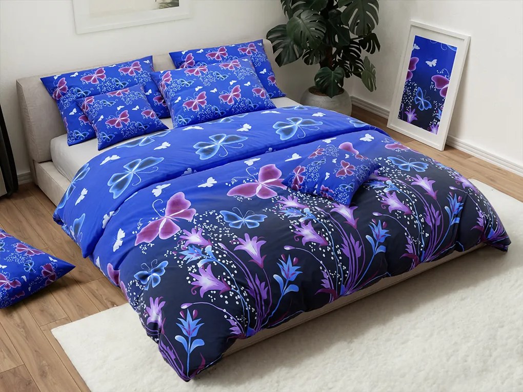 Bavlnené obliečky FIALOVÝ MOTÝĽ tmavomodré Rozmer obliečky: 70 x 90 cm | 140 x 200 cm