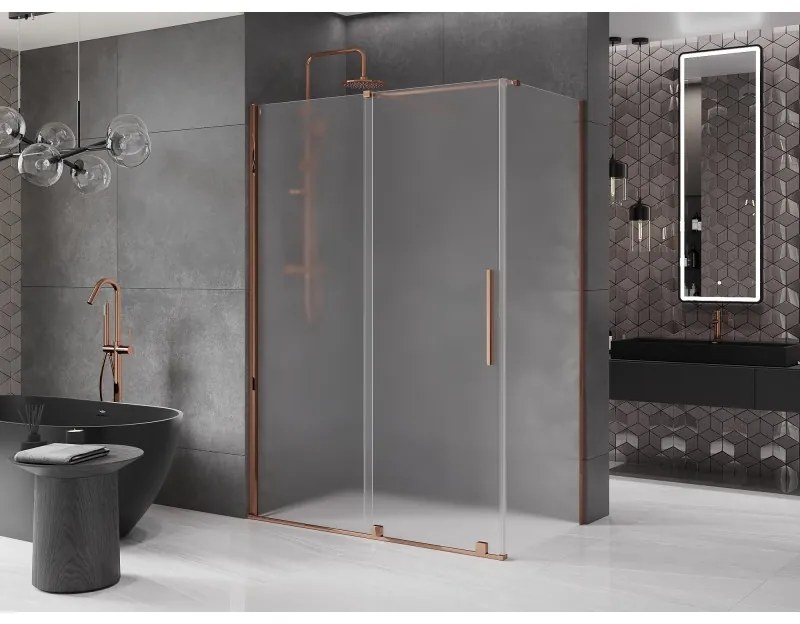 Mexen Velar, sprchový kút s posuvnými dverami 150 x 85 cm, 8mm sklo námraza, ružové zlato, 871-150-085-31-55