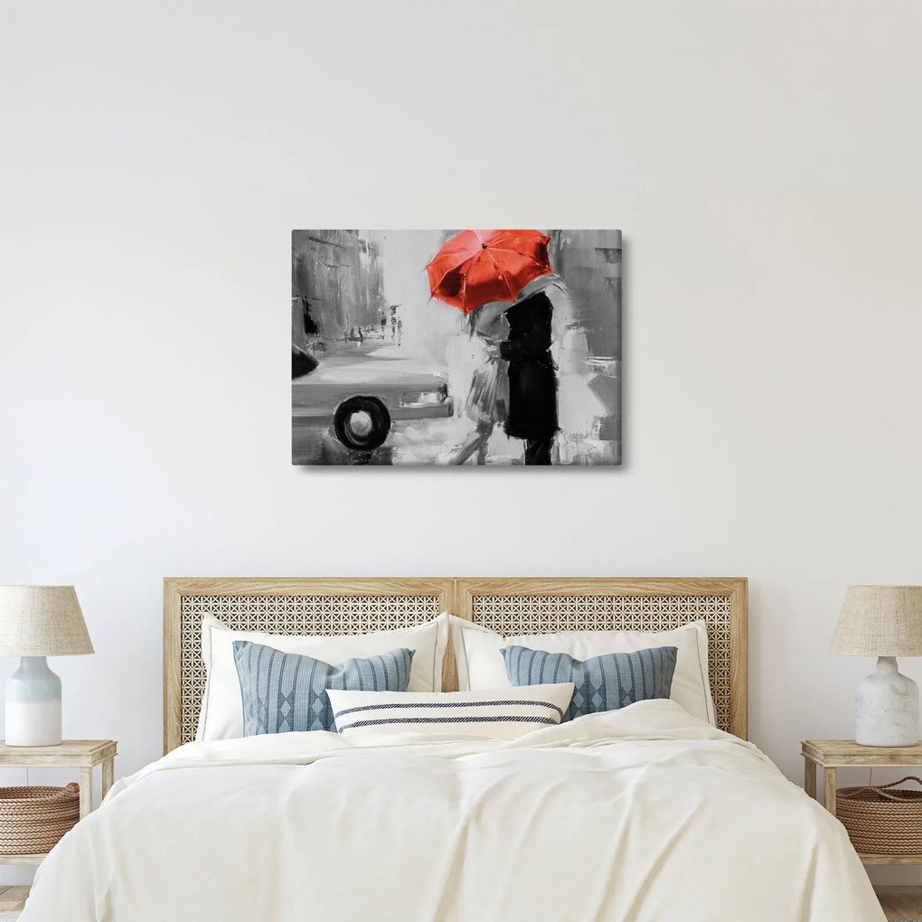 Obraz - Zamilovaný pár pod dáždnikom, červený (70x50 cm)