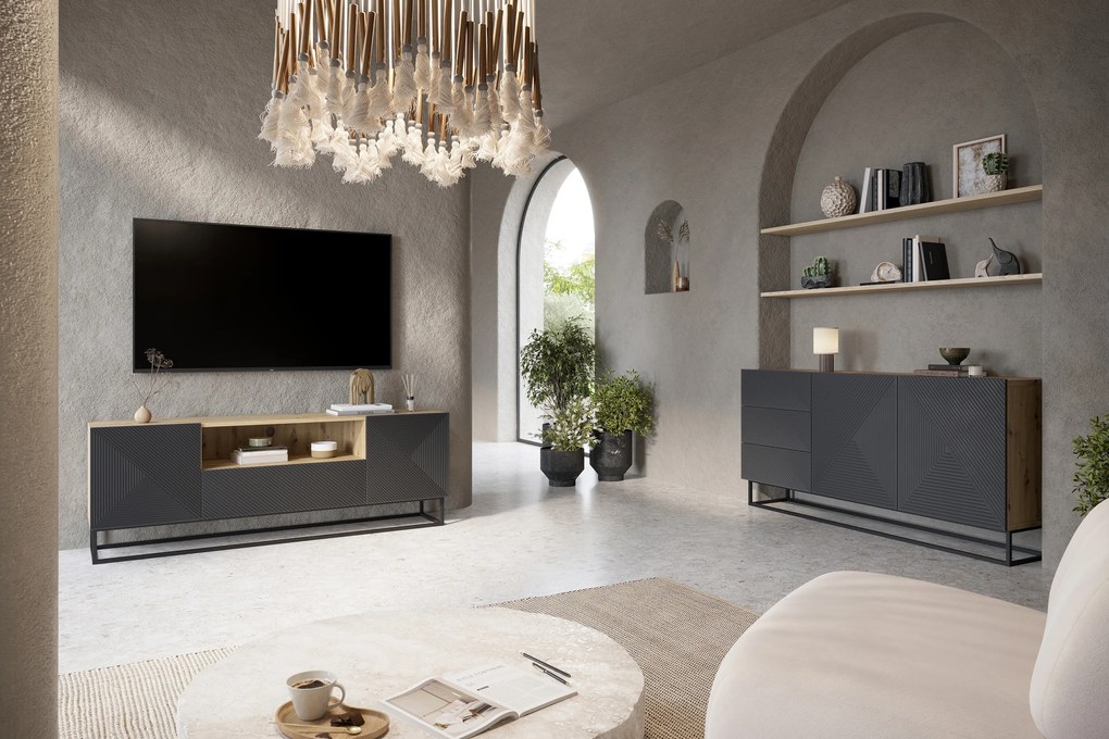 TV stolík Asha 167 cm na čiernom podstavci s otvorenou policou - artisan / rivier stone mat