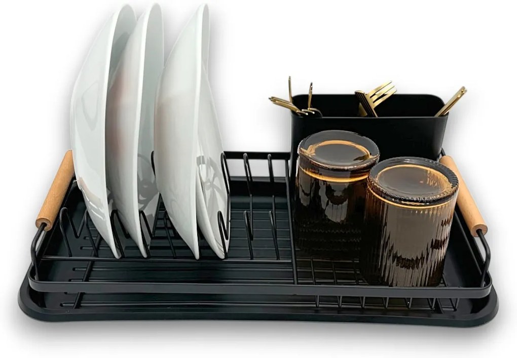 Orion Odkvapkávač na riad, čierny s drevenými rúčkami, malý, 43 x 23 cm, RADKA