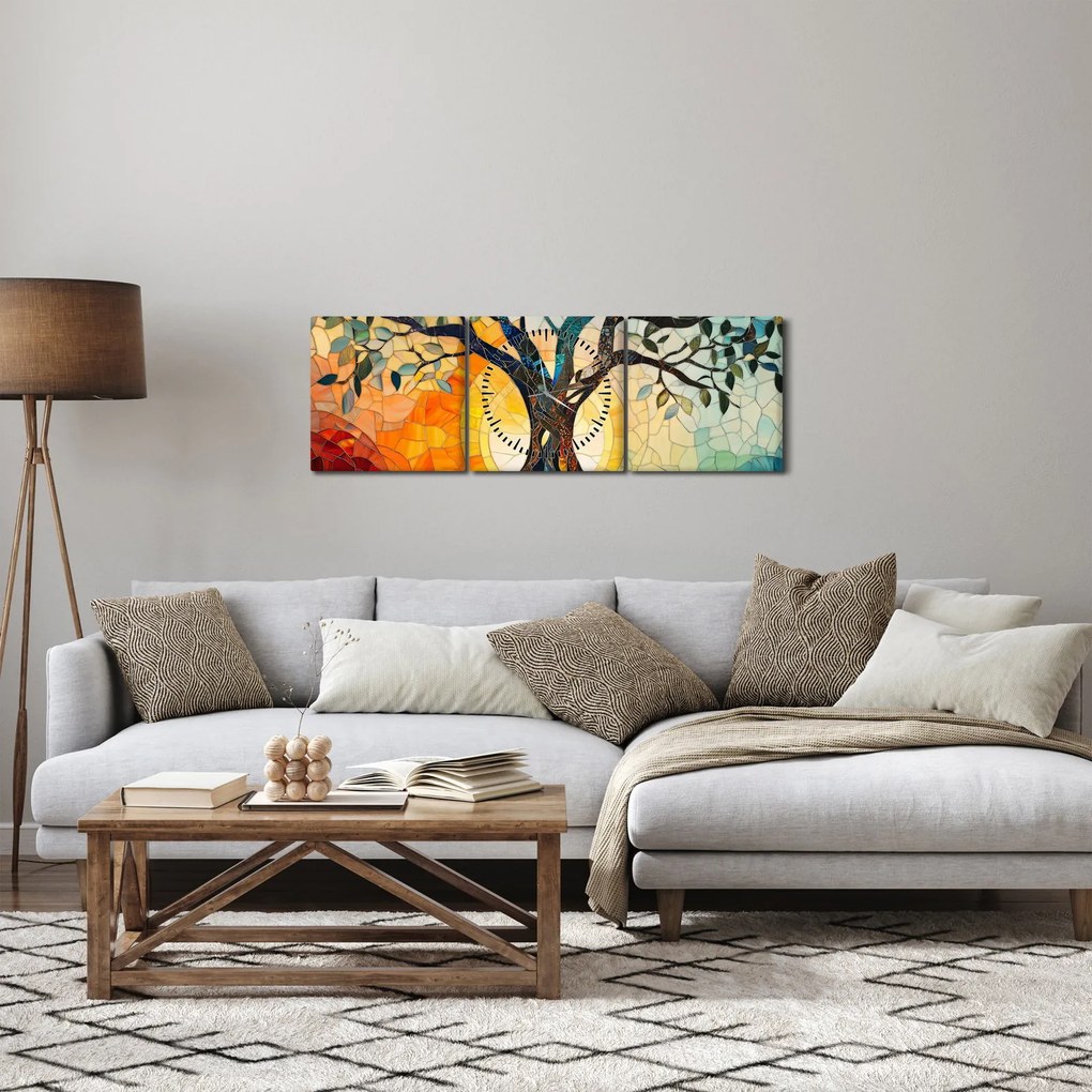 Obraz – Mozaika – slnko a strom I. (s hodinami) (90x30 cm)