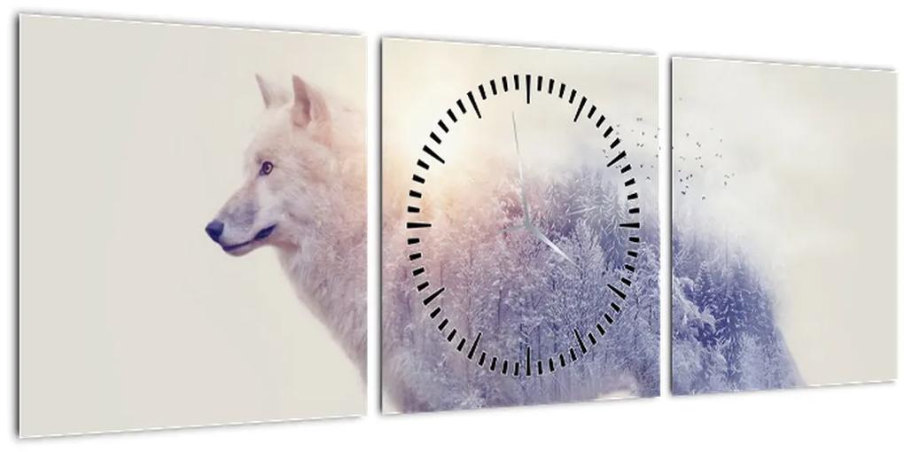 Obraz - Arktický vlk zrkadliaci divokú krajinu (s hodinami) (90x30 cm)