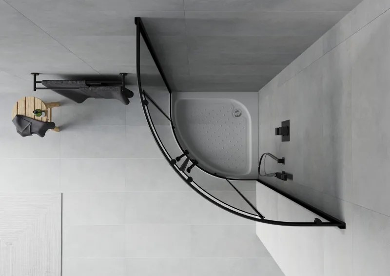 Mexen Rio, štvrťkruhový sprchovací kút s posuvnými dverami 70(dvere) x 70(dvere) x 190 cm, 6mm šedé sklo, čierny profil + biela sprchová vanička RIO, 863-070-070-70-40-4710