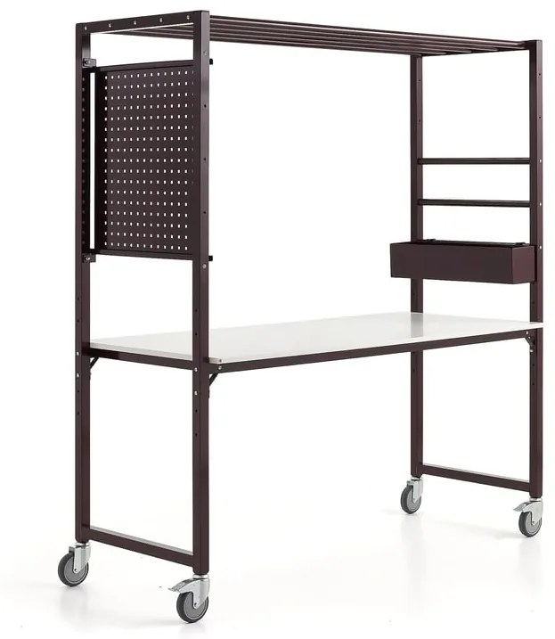 Mobilný multifunkčný stôl TEAMWORK, box na príslušenstvo, panel na náradie, bordová/biela