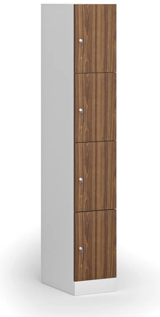 Šatníková skrinka S1 s úložnými boxmi, 4 boxy, 1850 x 300 x 500 mm, demont, cylindrický zámok, laminované dvere, orech