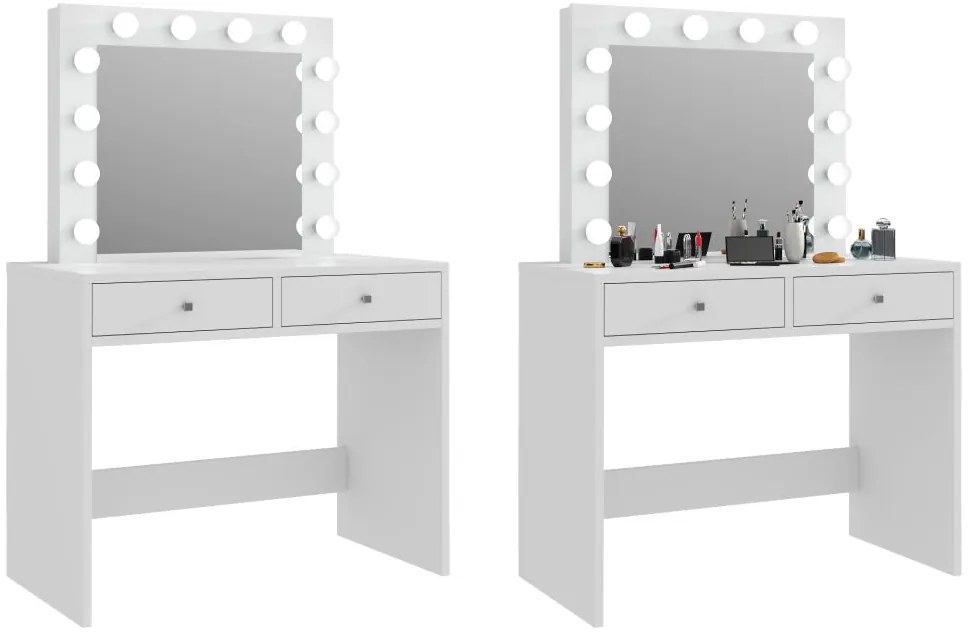 Toaletný stolík so zrkadlom 12 LED biely, 2 zásuvky