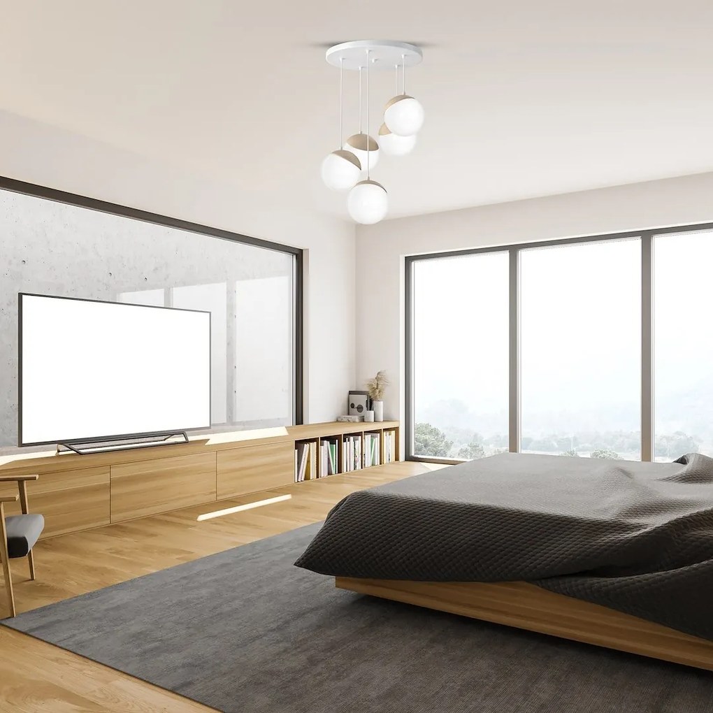 Závesné svietidlo Sfera, 5x biele sklenené tienidlo, w/drevo, o