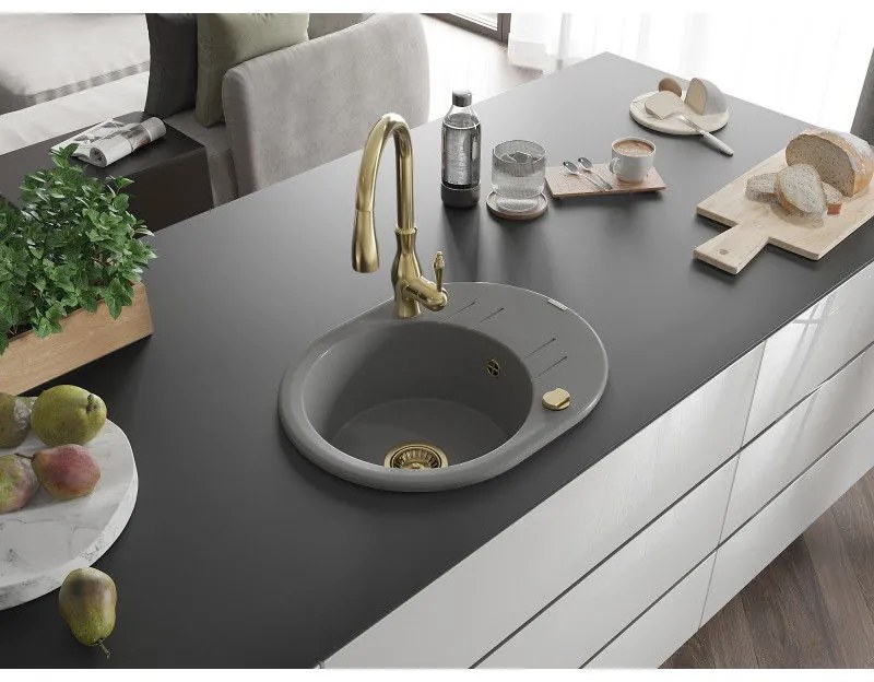 Mexen Kevin, granitový drez 586x458x190 mm, 1-komorový a drezová batéria Savita, šedá, 6517-71-672601-50