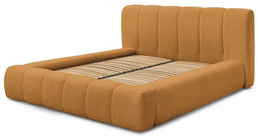 Čalúnená dvojlôžková posteľ s úložným priestorom s roštom 140x190 cm v horčicovej farbe Denali – Bobochic Paris