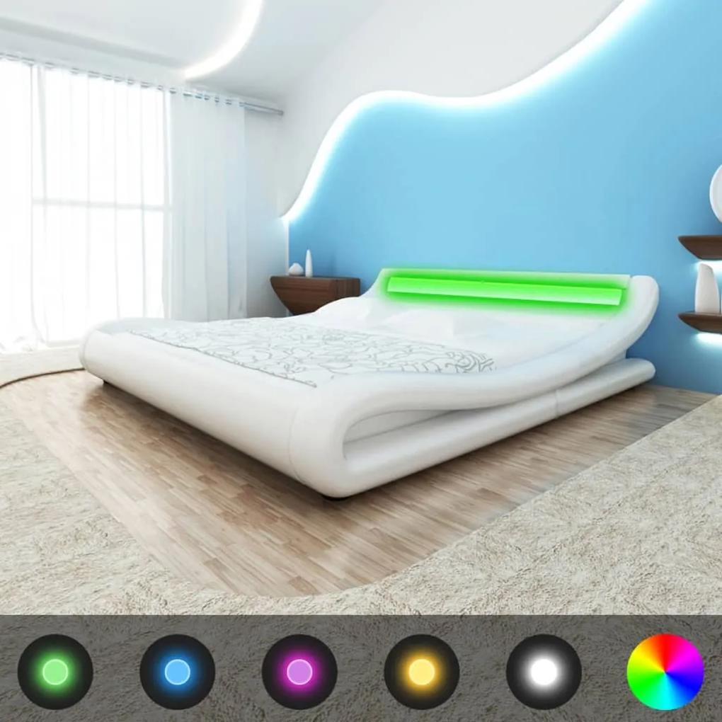 vidaXL Vlnitá posteľ s LED pásom a matracom z pamäťovej peny, umelá koža, 140x200 cm, biela