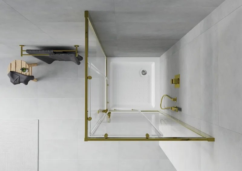 Mexen Rio, štvorcový sprchovací kút s posuvnými dverami 70(dvere) x 70(dvere) x 190 cm, 6mm číre sklo s pásikmi, zlatý profil + biela sprchová vanička RIO, 860-070-070-50-20-4510