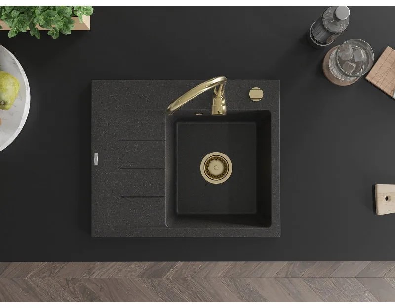 Mexen Ben, 1-komorový granitový drez 600x500x190 mm, pravý + zlatý sifón, čierna škvrnitá, 6523605000-76-G