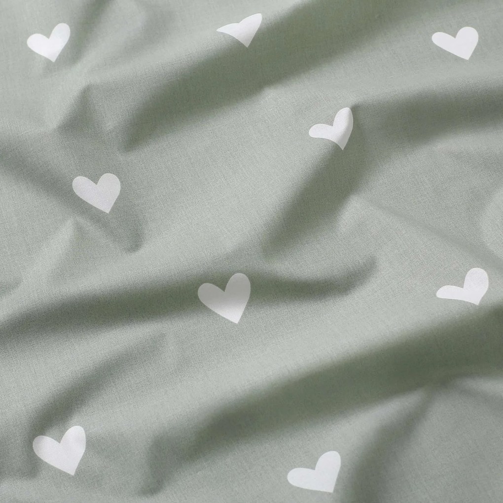 Goldea detské bavlnené obliečky - srdiečka na šalviovo zelenom 150 x 200 a 50 x 60 cm