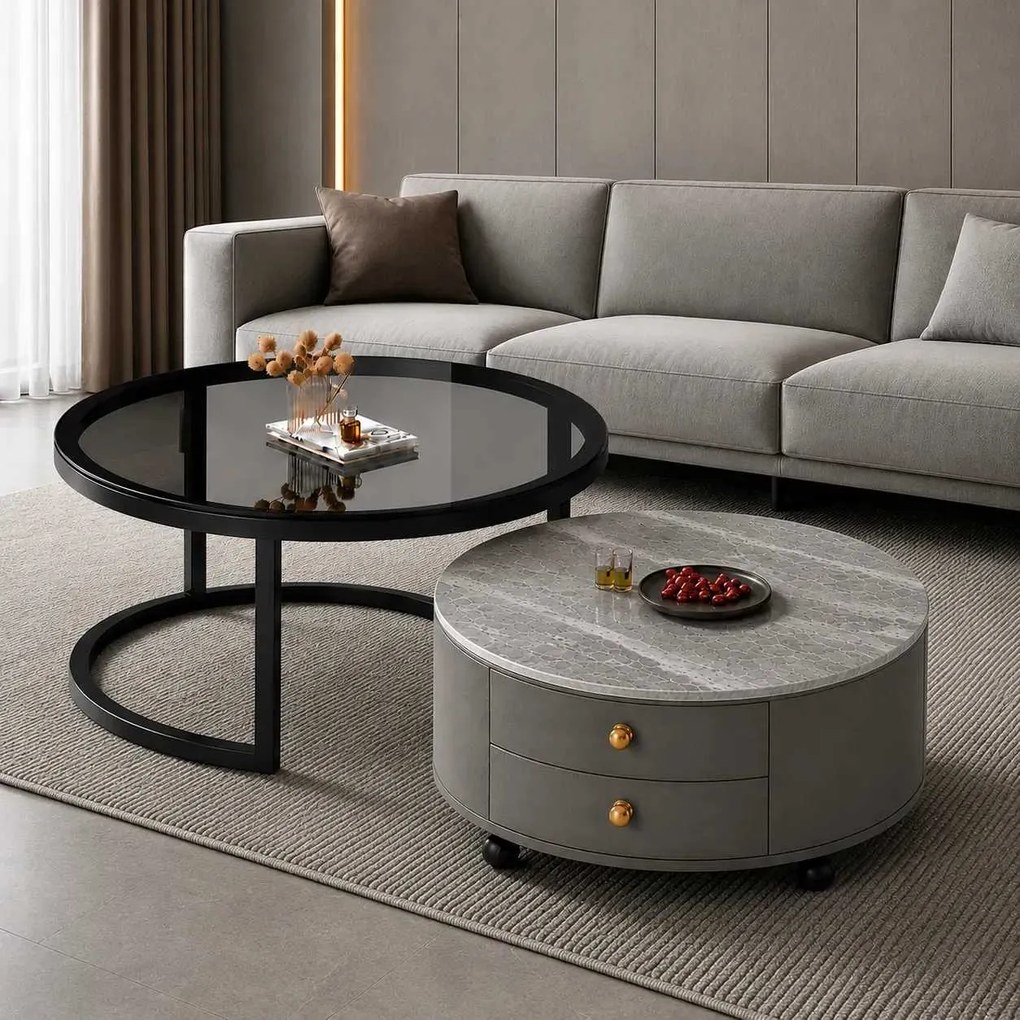 LuxuryForm DESIGN Konferenčný stolík ORION 70 × 70 / 50 × 50 cm – sivý / sivý mramor + sklo (set 2 ks)