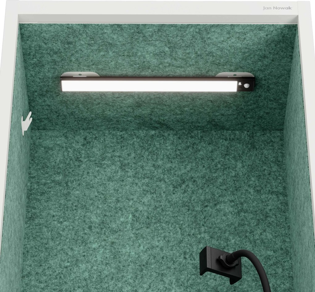 Kancelárska akustická kabína so sedadlom a portom USB-C, telo v Biely farbe / sedadlo v zelenej farbe, 600 mm: SALLY MentalBox