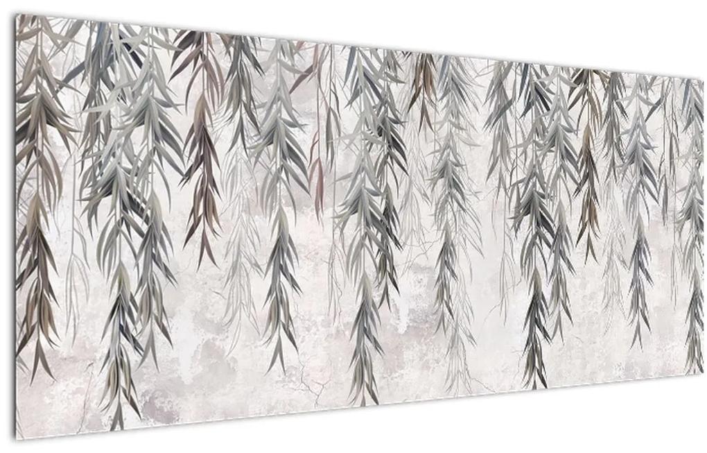 Obraz - Vŕbové vetvičky v šedej omietke (120x50 cm)