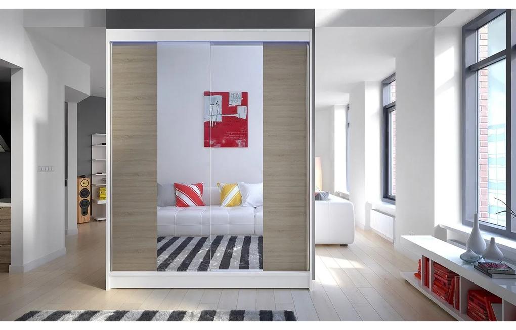 Skriňa s posuvnými dverami Belgia II, Farby: biela / sonoma + zrkadlo, Osvetlenie: osvetlenie LED RGB - farebné