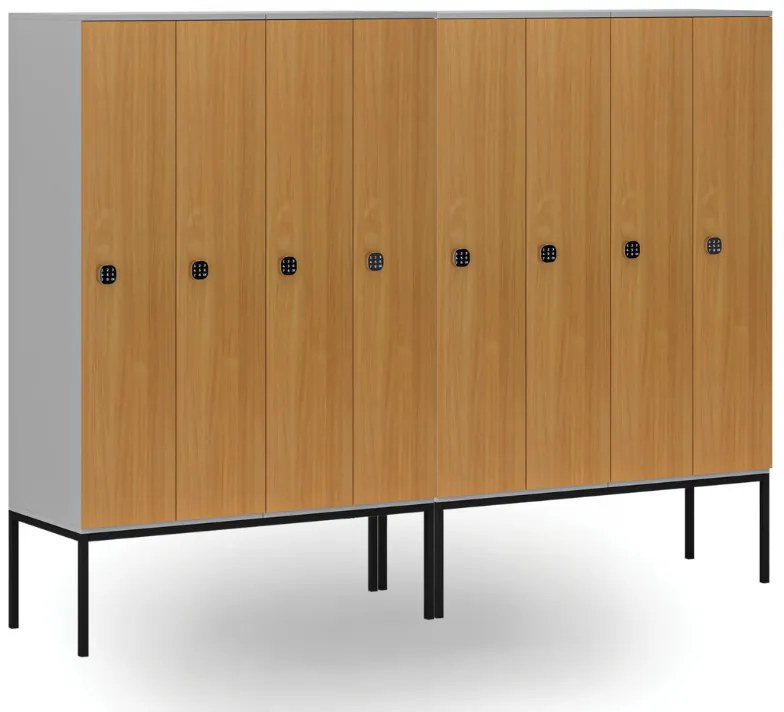 Drevená šatníková skrinka S4 s podnožou, 4 oddiely, 1871 x 1200 x 500 mm, demont, kódový zámok, sivá/červená