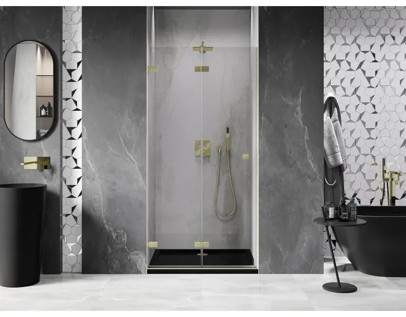 Mexen, Mexen Lunar-F skladacie ľavé sprchové dvere 90 cm, transparentné, brúsené zlaté - 836-090-000-55-00-L