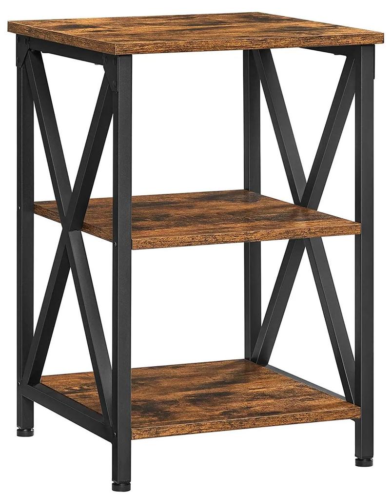 VASAGLE Nočný stolík s oceľovým rámom a 2 policami, rustikálny hnedý, čierny