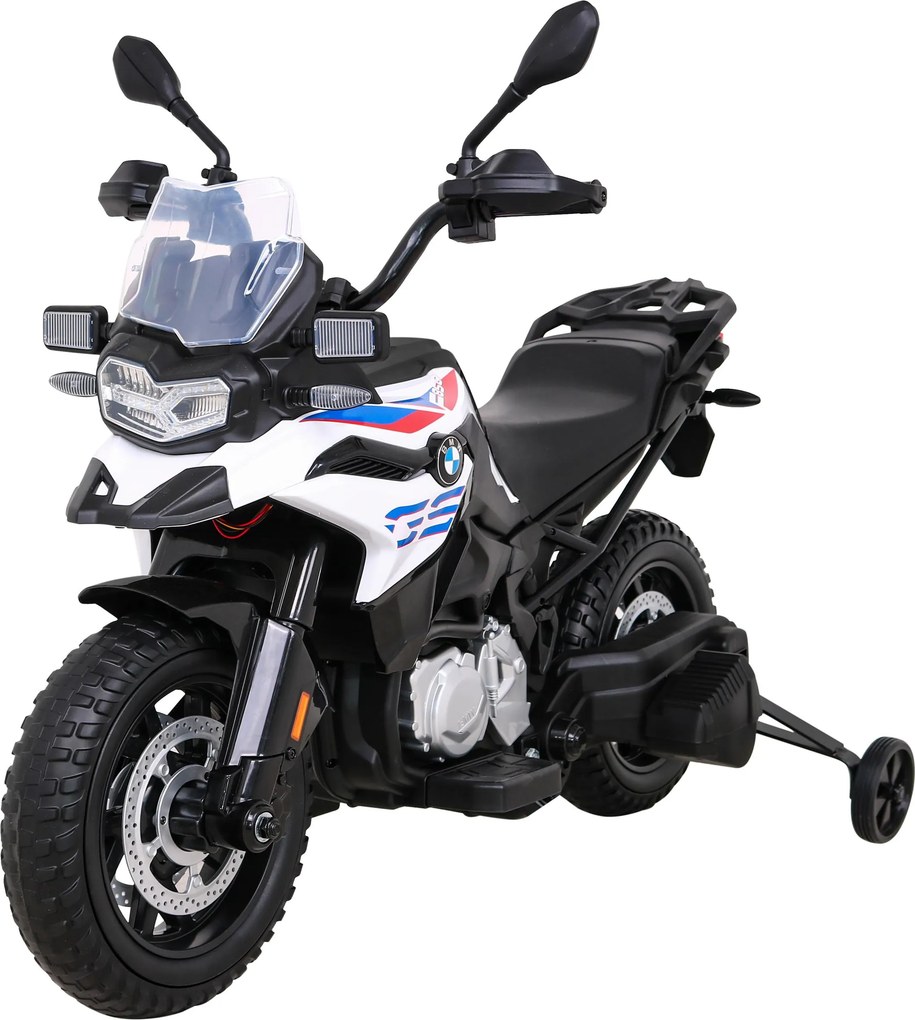 Ramiz Detský motocykel na batérie BMW F850 GS biely + pomocné kolieska + audio LED + pomalý štart + EVA