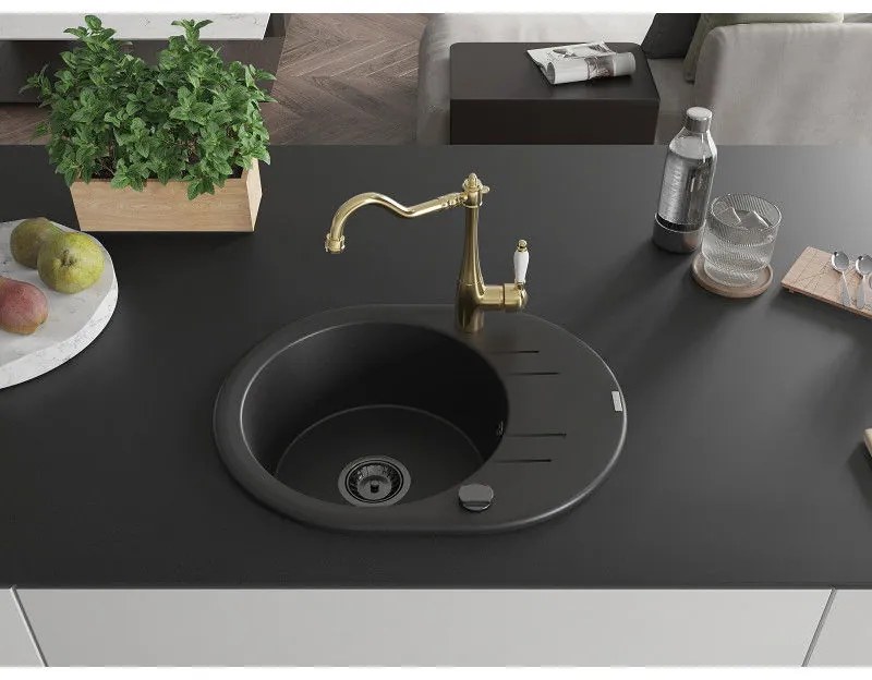 Mexen Kevin, granitový drez 586x458x190 mm, 1-komorový a drezová batéria Carla, čierna, 6517-77-670700-50-B