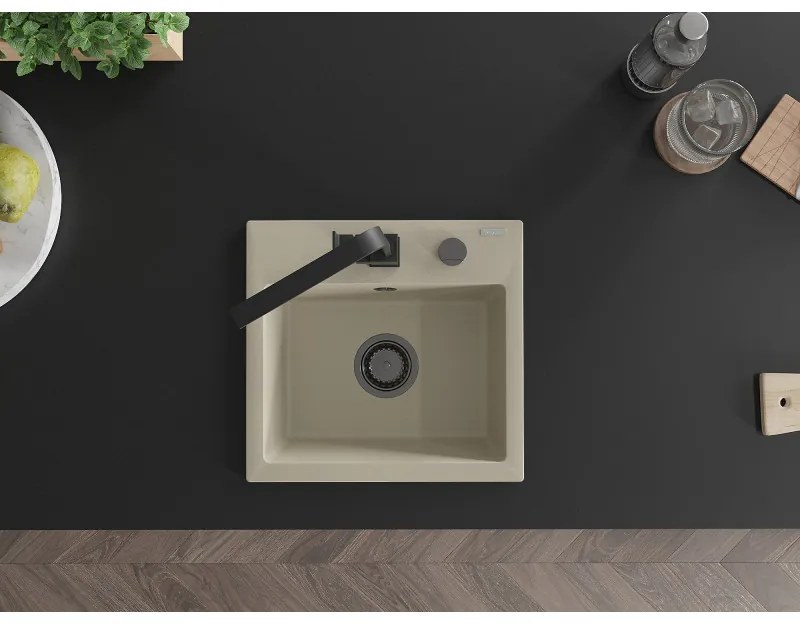 Mexen Milo, 1-komorový granitový drez 435x410x171 mm a čierna batéria Rita, béžová, 6505-69-670300-70