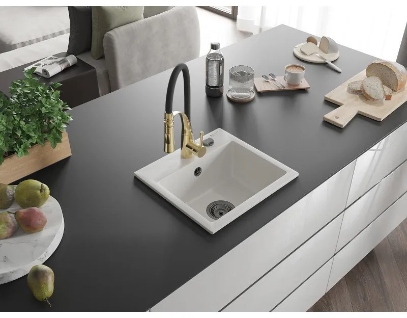 Mexen Milo, 1-komorový granitový drez 435x410x171 mm a drezová batéria Aster, biela, 6505-20-73450-57-B