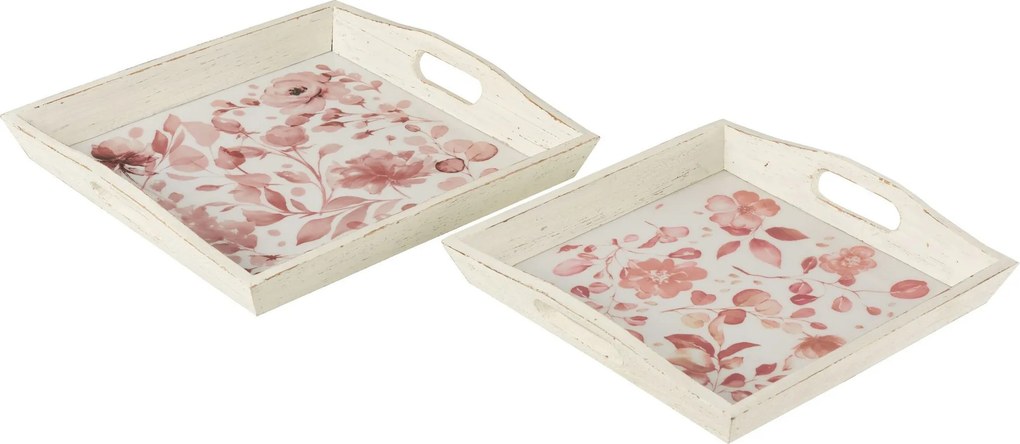 2ks drevený podnos s kvetinovým dekorom Tray Roses - 39*39*5/ 35*35*4 cm