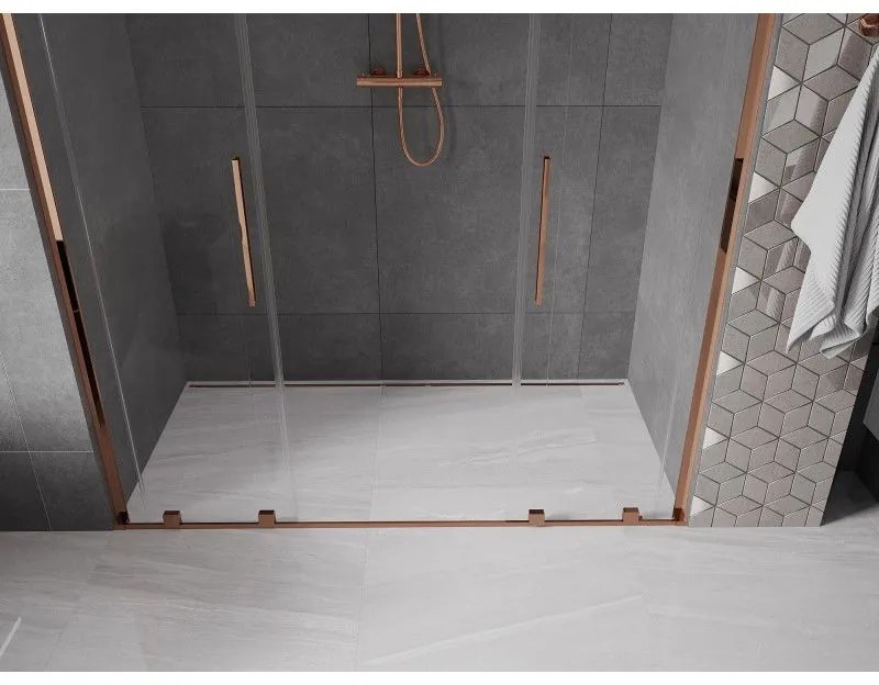 Mexen Velar L Duo, posuvné sprchové dvere do otvoru 200 cm, 8mm číre sklo, ružové zlato, 871-200-003-02-60