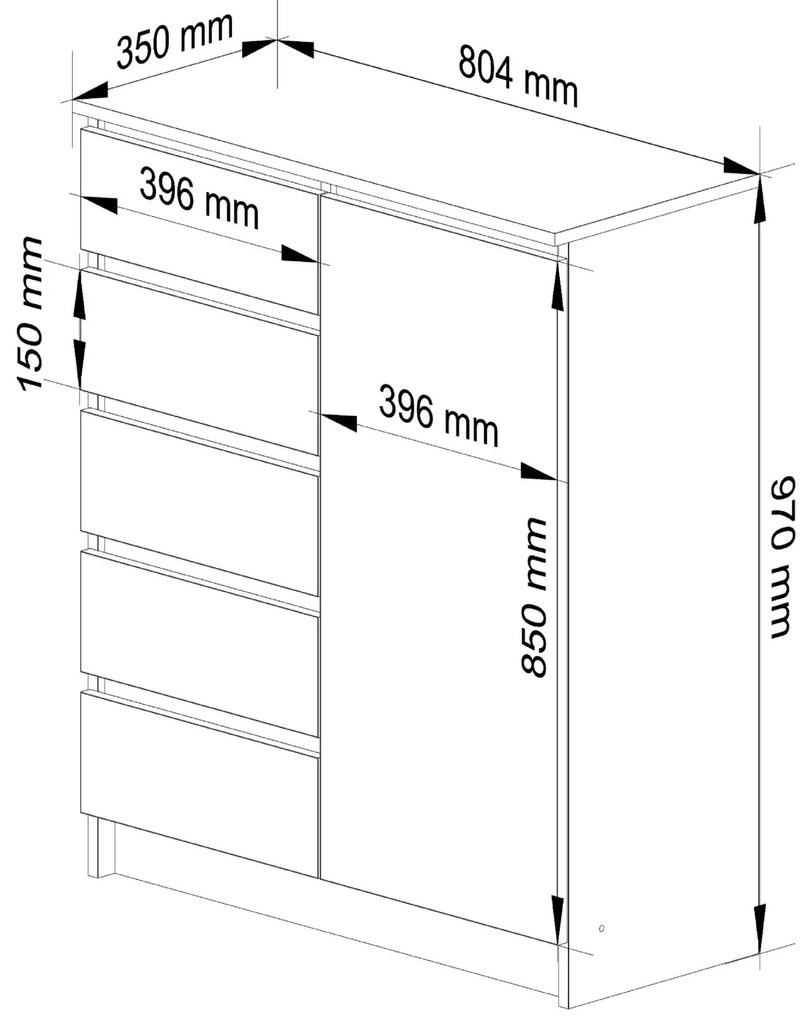 Komoda JERRY 80 cm 1 dveře 5 zásuvek bílá/dub artisan