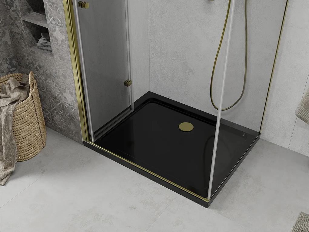 Mexen Lima, sprchový kút so skladacími dverami 100 (dvere) x 90 (stena) cm, 6mm číre sklo, chrómový profil + slim sprchová vanička čierna + zlatý sifón, 856-100-090-50-00-4070G