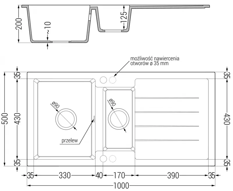 Mexen Andres, granitový drez 1000x500x200 mm, 1,5-komorový, čierna-strieborná metalíza s čiernym sifónom, 6515101510-73-B