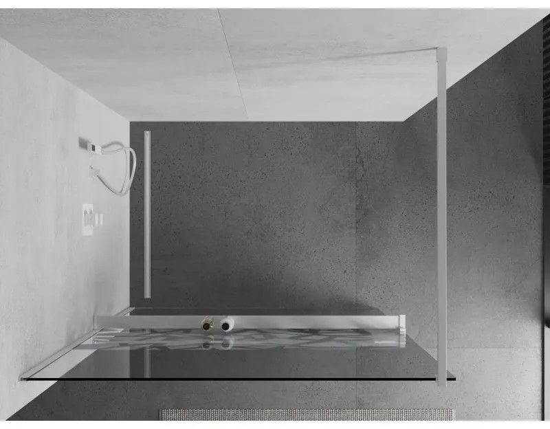 Mexen Kioto+, sprchová zástena Walk-In s poličkou a vešiakom 80 x 200 cm, 8mm číre sklo biely vzor, biely profil, 800-080-121-20-85