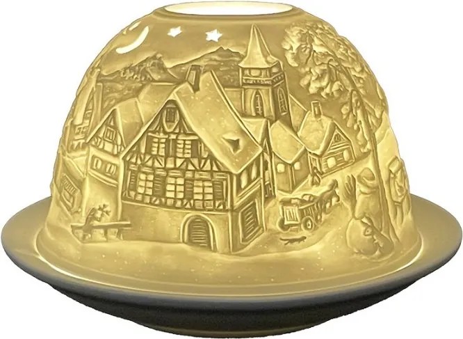 Biely porcelánový svietnik na čajovú sviečku s vianočnou dedinkou Paollo - Ø 12 * 8 cm