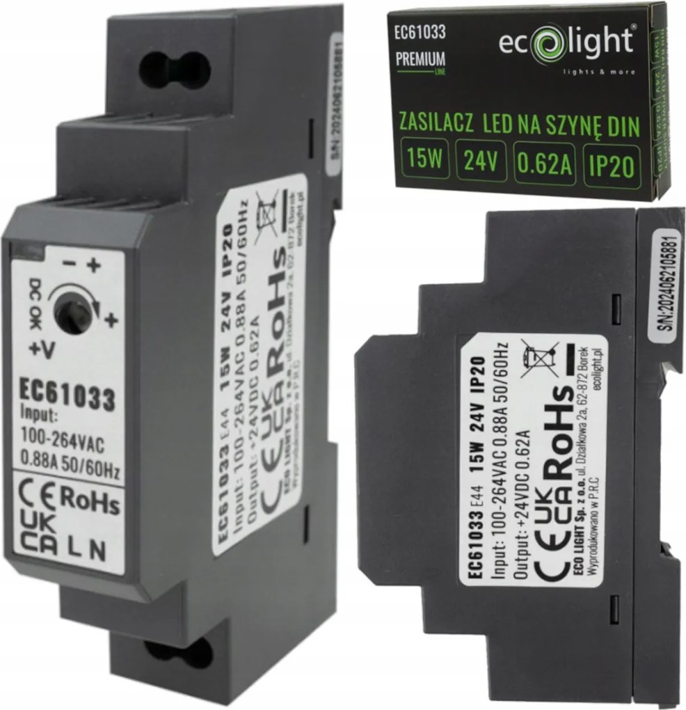 BERGE Napájanie na DIN lištu - 24V 15W 0,62A pre IP20 PREMIUM LED pásik