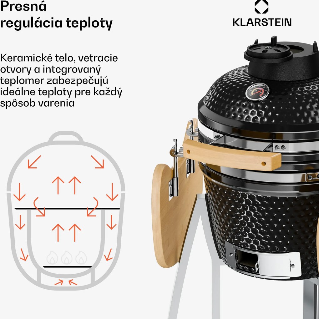 Klarstein Queensize, kamado gril, teplomer, odnímateľné bočné diely, čierny