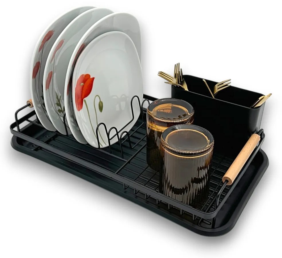 Orion Odkvapkávač na riad, čierny s drevenými rúčkami, malý, 43 x 23 cm, RADKA