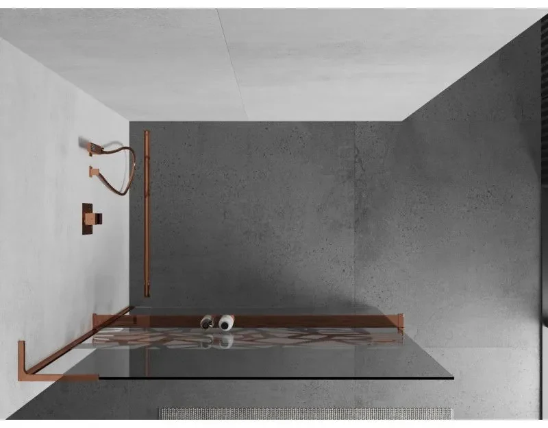 Mexen Kioto+ L, sprchová zástena Walk-In s poličkou a vešiakom 120 x 200 cm, 8mm číre sklo biely vzor, ružové zlato profil, 800-120-123-60-85