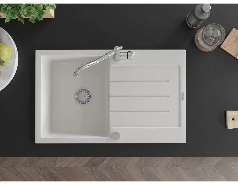 Mexen Bruno, granitový drez 795x495x200 mm, 1-komorový a drezová batéria Carla, biela, 6513-20-670700-00