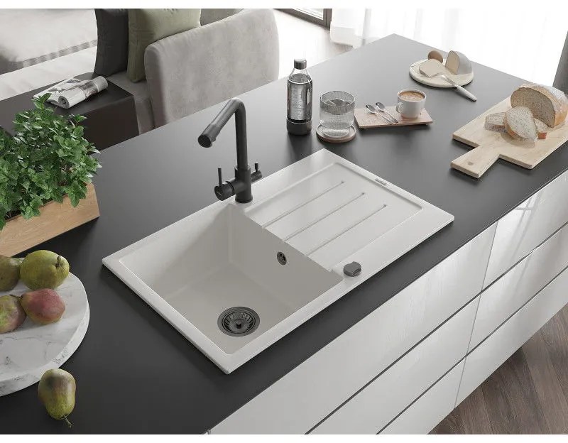 Mexen Bruno, 1-komorový granitový drez s odkvapkávačom 795x495x200 mm a čierna batéria Duero, biela, 6513-20-671600-70