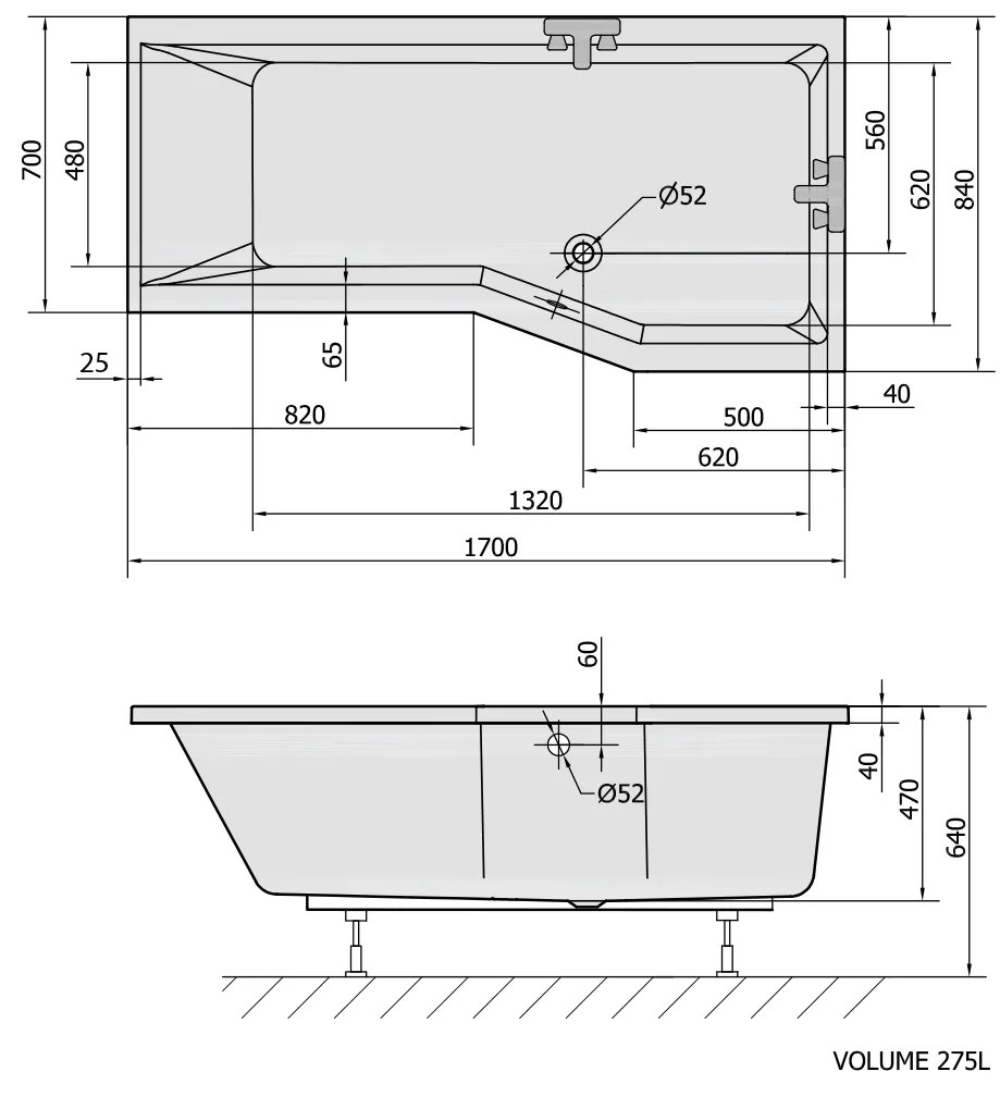 Polysan Polysan, VERSYS R asymetrická vaňa 170x84x70x47cm, biela, 70611