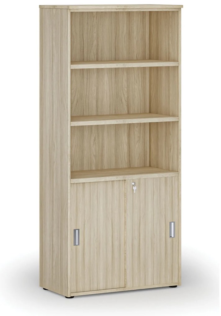 Kombinovaná kancelárska skriňa PRIMO WOOD, zasúvacie dvere na 2 poschodia, 800 x 420 x 1781 mm, dub prírodný