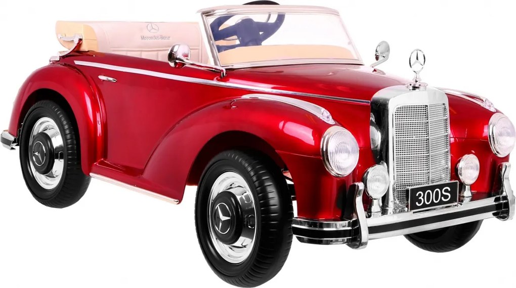 Ramiz Mercedes Benz 300S Retro pre deti Červený lak + diaľkové ovládanie + EVA + pomalý štart + LED MP3