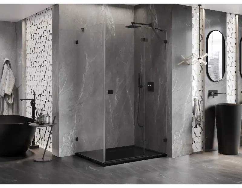 Mexen Lunar, pravostranný výklopný sprchový kút 95 x 80 cm, 8mm číre sklo, čierny profil, 834-095-080-70-00-P