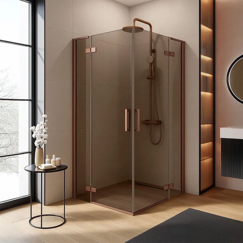 Rea Hugo Double, 2-krídlový sprchovací kút 80 (dvere) x 80 (dvere) x 200 cm, 6mm šedé sklo, medený profil, KPL-K6971